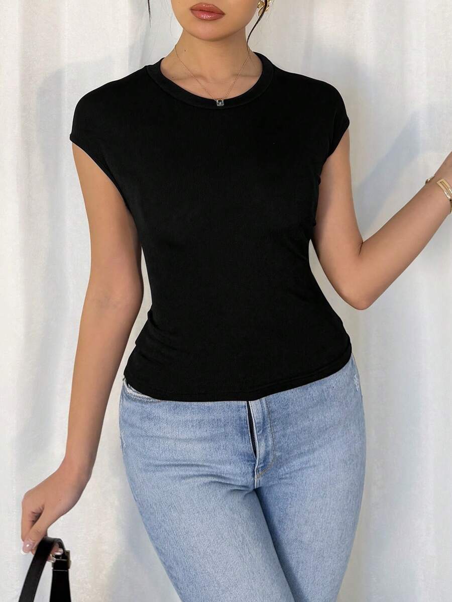 Chiquease Stylish Hollow Out Back Design Women's Summer Round Neck Drawstring Knit T-Shirt, Fitted Short Crop Top - Orange - View 1