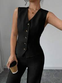 Elenzga Elegante Mode Damen Freizeitanzug mit ärmellosem V-Ausschnitt, taillierten Taille und geradem Bein, bestehend aus Weste und Hose