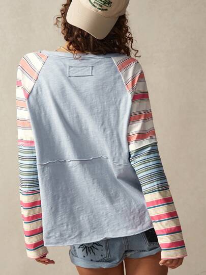 Bohemela Boho Women's Raglan Sleeve Striped Casual Loose Round Neck Long Sleeve T-Shirt