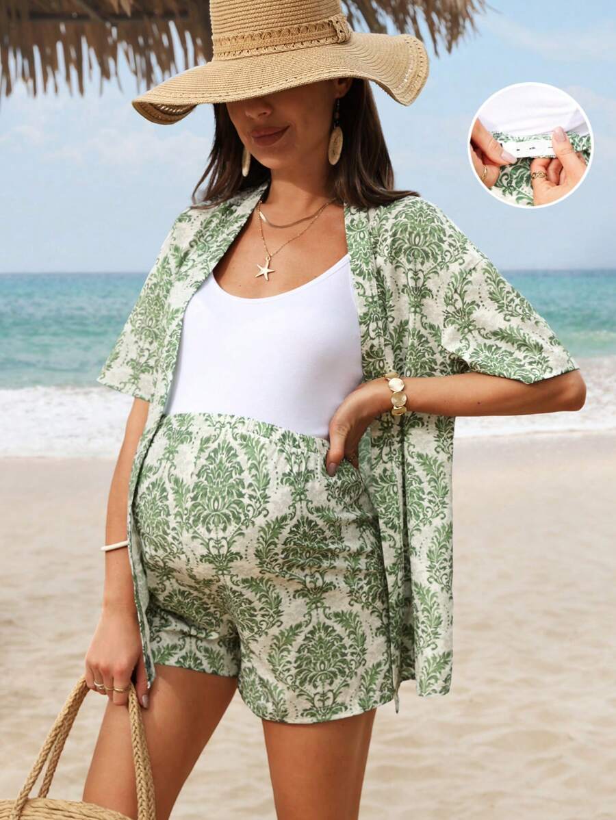 SHEIN 2pcs/Set Maternity Vacation Floral Print Short Sleeve Kimono & Adjustable Waist Shorts, Casual Wear - Green - View 1