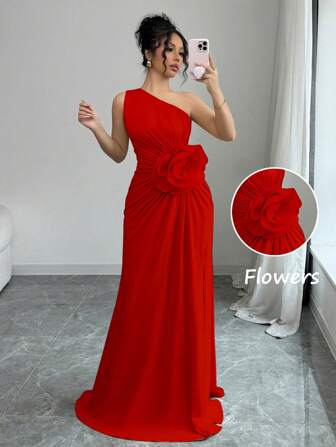 Rafferiza Women's Asymmetrical Neckline 3D Floral Dress