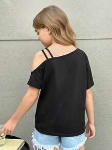 SHEIN Blouse d'une seule épaule à manches courtes en tricot de couleur unie pour fille pré-adolescente, style décontracté de vacances