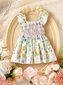 Baby Girls' Rabbit & Floral Print Ruffle Trim Cami Sundress, Soft Comfy Casual Vacation Style For Spring/Summer, Easter