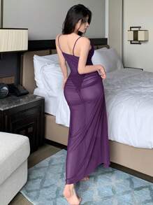 DAZY Sheer Mesh High Slit Hollow Out Ruffle Trim Sexy Slip Nightgown For Going Out - Red Violet - View 2