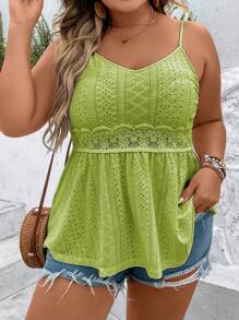 SHEIN Clasi 大码女式扎染刺绣蕾丝拼接吊带背心 - 橄欖綠 - 查看 1