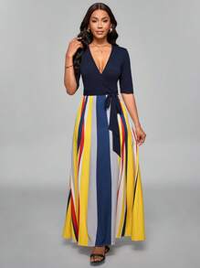 SHEIN Unity Women's Elegant Colorblock Striped Print Patchwork Dress - Blue - View 6