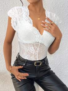 SHEIN Clasi Women's Minimalist Solid Color Lace Patchwork Bodysuit, Suitable For Commuting - White - View 3