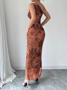 Selianne 夏季优雅不对称领口无袖印花侧开衩修身连衣裙长款女装