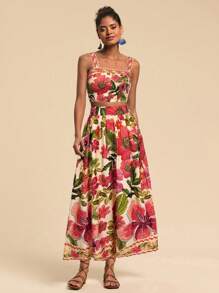 Travachic 女士花卉印花吊带背心和长裙两件套，休闲假日风格 - 杏色 - 查看 4