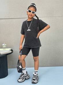 SHEIN Leap Crew 青少年女孩宽松休闲圆领超大短袖 T 恤和骑行短裤两件套