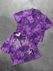 PAVTROS Manfinity Streetrush Men's Blue Sunflower Letter & Horse Icon Print Zip Up Shirt , Men Rave Shirt , Streetwear Shirts - Multicolor - View 6