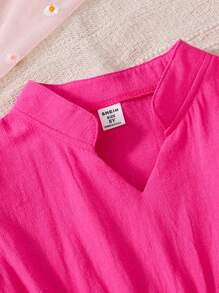 SHEIN Girls' Summer V-Neck Ruffled Short Sleeve Solid Casual Dress,Holiday,Summer,Travel - Hot Pink - View 4
