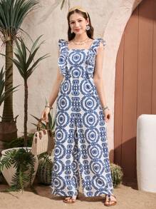 SHEIN Teen Girl Plant Printed Square Neck Patchwork Ruffled Elastic Jumpsuit With Detachable Bowknot Back Decor, Loose Wide Leg Pants - Blue - View 3