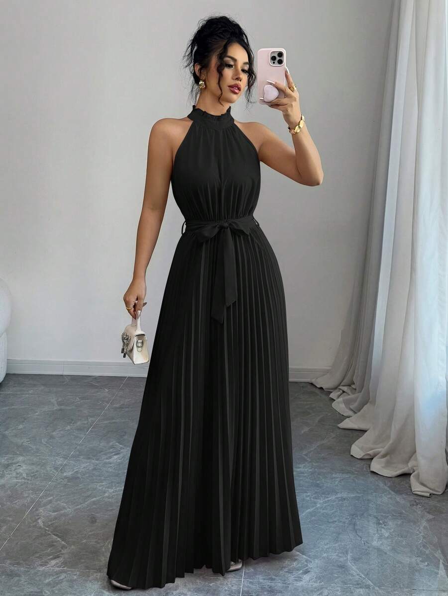 Elenzga 情人节粉色荷叶边领褶皱腰 A 字型优雅浪漫女士连衣裙 - 黑色 - 查看 1