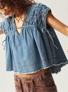 Bohemela BOHO Casual Woven Denim Oversized V-Neck Cap Sleeve Blouse For Women