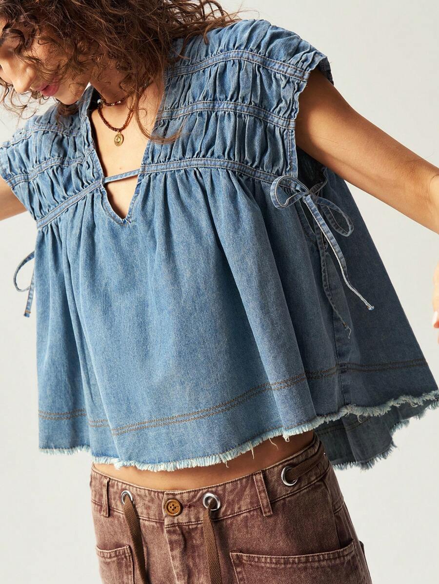 Bohemela BOHO Casual Woven Denim Oversized V-Neck Cap Sleeve Blouse For Women