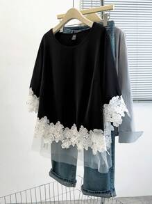 SHEIN LUNE Áo cánh nữ thanh lịch, đi làm, gợi cảm, tối giản, dễ thương, giản dị, đa năng, thời trang có viền ren, cổ tròn, viền lưới, màu đen và trắng, cỡ lớn, phù hợp cho mùa xuân, hè, thu - màu đen - Xem 1