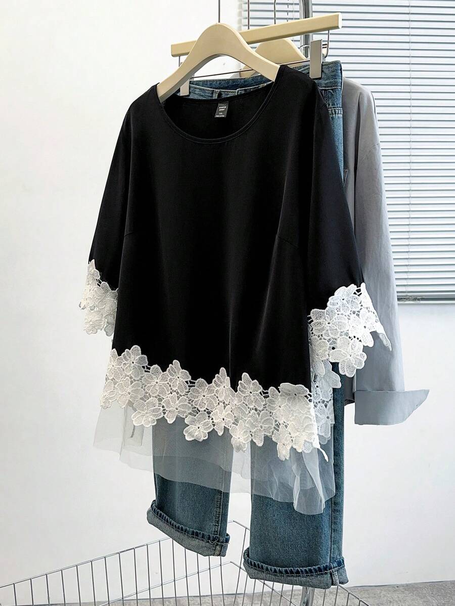 SHEIN LUNE Áo cánh nữ thanh lịch, đi làm, gợi cảm, tối giản, dễ thương, giản dị, đa năng, thời trang có viền ren, cổ tròn, viền lưới, màu đen và trắng, cỡ lớn, phù hợp cho mùa xuân, hè, thu - màu đen - Xem 1