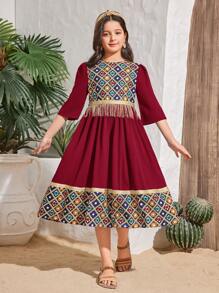 SHEIN Leap Crew Robe à manches courtes élégante et glamour de style rétro pour jeunes filles avec motif patchwork - Rouge foncé - Voir 1