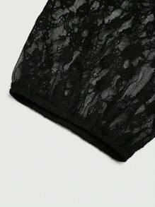 SHEIN Clasi 大码女式撞色蕾丝圆领短款灯笼袖紧身衣 - 黑色 - 查看 6