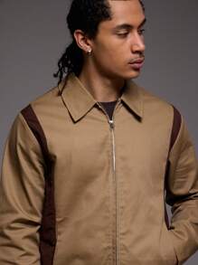 Musero Veste de camionneur zippée à col avec panneau contrasté - Marron - Voir 2
