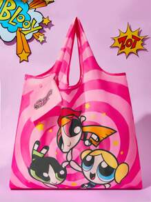 THE POWERPUFF GIRLS X SHEIN 1个可爱卡通花朵、泡泡、毛茛图案涤纶可折叠购物袋/手提袋，配有带珠链的小粉色收纳袋，Y 2 K，情人节 - 粉色 - 查看 2