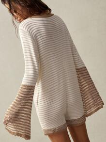 Bohemela BOHO Women's Vacation Casual Contrast Color Stripe Flare Sleeve Knit Jumpsuit