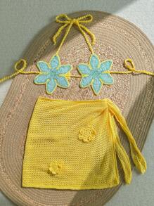 SHEIN Swim Mod 女士迷人花卉钩编披肩/罩衫，搭配裙子 - 彩色 - 查看 6