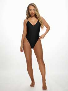 MISSGUIDED Plunge Neck One Piece Swimsuit Beach Vacation Swim Spaghetti Strap Bathing Suit High Cut Thong Brazilian Beachwear Summer Swimming Pool Resort Wear