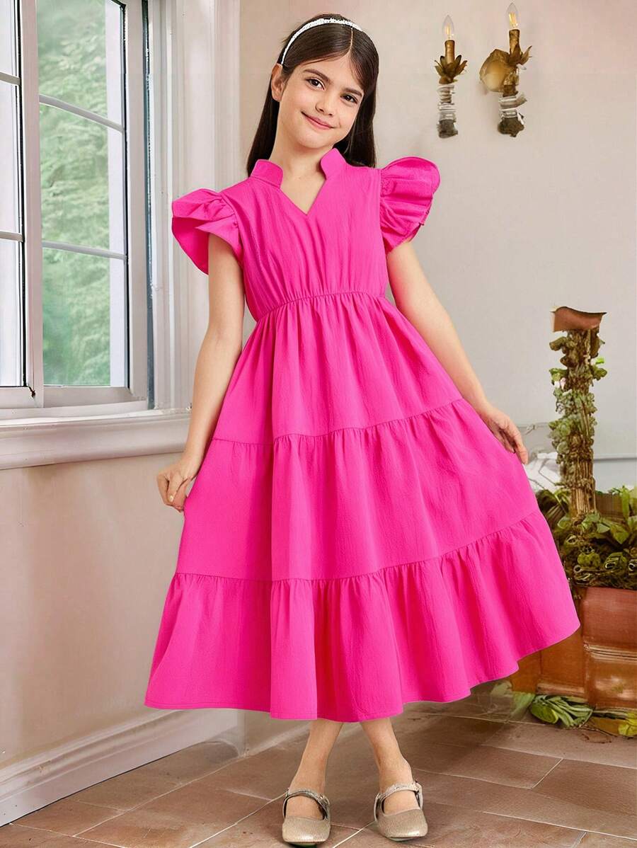 SHEIN Girls' Summer V-Neck Ruffled Short Sleeve Solid Casual Dress,Holiday,Summer,Travel - Hot Pink - View 1