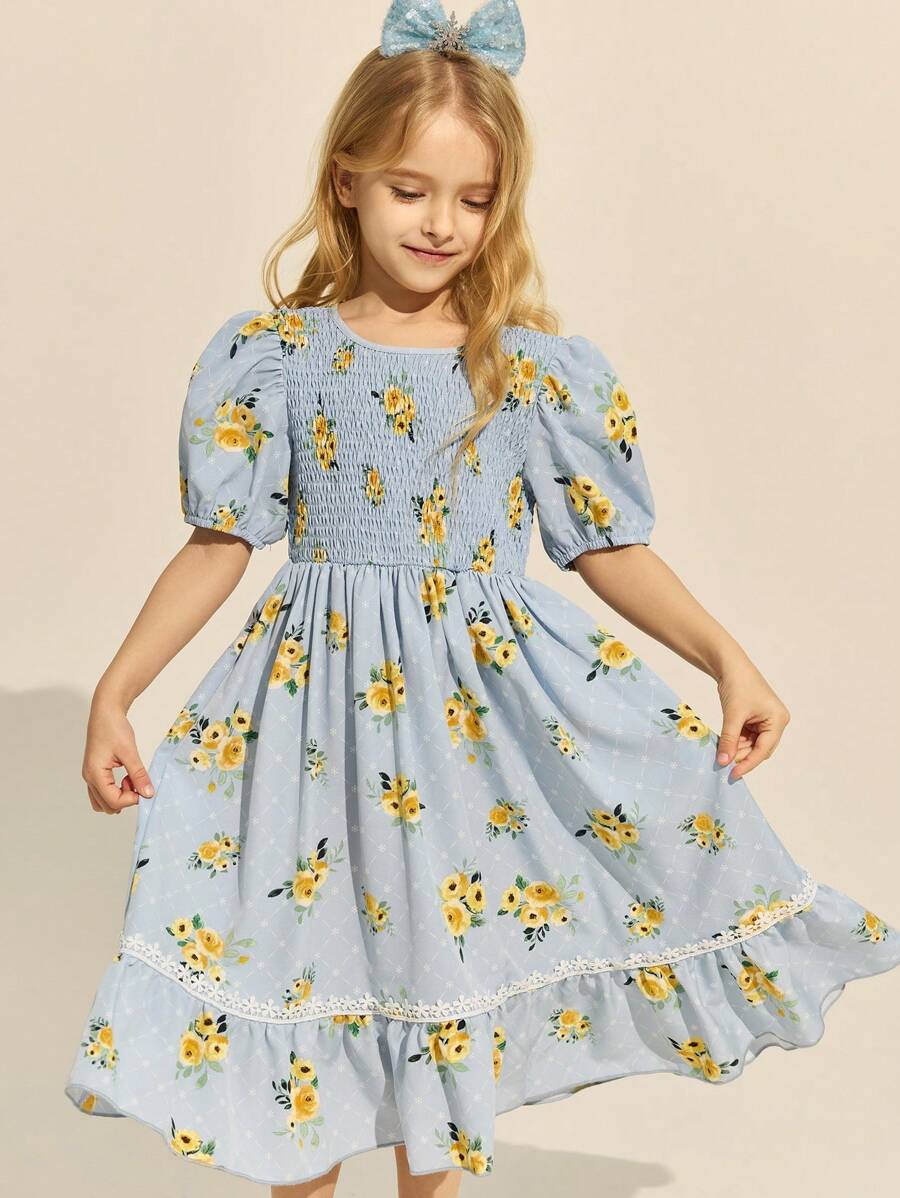 SHEIN Young Girls Floral Print Ruffled Puff Sleeve A-Line Dress, Blue Background, Elegant & , Spring/Summer