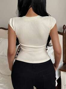 SHEIN Unity Women's U-Neck Low-Cut Ribbed Knit Fabric All-Match Versatile Slim Fit Raglan Sleeve Tight Crop Top T-Shirt - Apricot - View 2