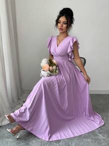 Elenzga 女士优雅浪漫荷叶边修腰泡泡袖 A 字裙 - 淡紫色 - 查看 4