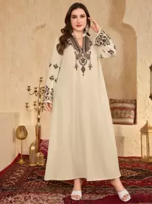 Al Najma Plus Size Women Floral Print V-Neck Long Sleeve Arabian Dress,Modest