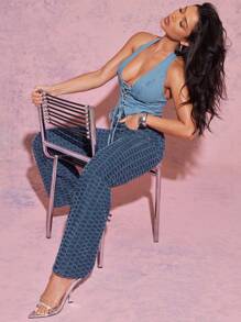 Denimoi Women's Textured Mid-Rise Straight Leg Jeans - Dark Wash - View 2