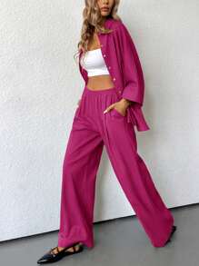 Aveloria Modichic 2 件套女士混合侧开叉宽松衬衫和高腰阔腿裤优雅商务休闲女士 - 玫紅色 - 查看 4