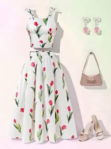SHEIN Lunivi 2 Stücke/Set Tween-Mädchen Tulpenmuster Weste und Maxi Rock, lässiger eleganter Outfit, V-Ausschnitt Volant Taille langes Kleid, Grün, geeignet für Frühling Sommer Urlaub