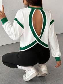 Hanevo 宽松休闲风镂空交叉色设计女士连帽运动衫