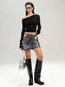 LYSMO Women's Metal Texture Pleated Loose Fashion Culottes - Silver - View 3