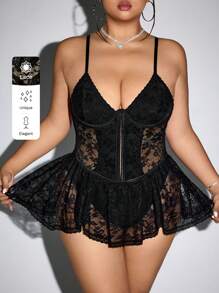 SHEIN ICON Vestido de encaje con parches, soporte incorporado y botones de metal para tallas grandes, para el verano