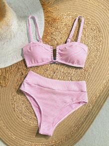SHEIN VCAY Women 2pcs/Set Strap Striped Bikini Set, High Waist Triangle Swimwear - Pink - View 4