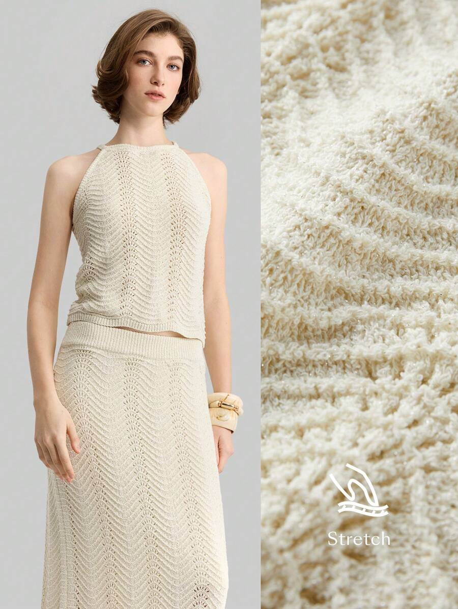 Ontre Women Wave Pattern Halter Neck Knit Top Vacation Outfits Woman - Apricot - View 1