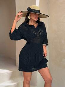 RueChic Conjunto informal de top de punto de malla sobredimensionado con cuello polo - perfecto para usar en capas, en color negro, con pantalones cortos