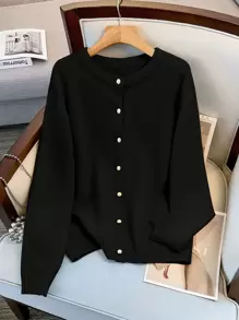 SHEIN LUNE Women Plus Size Crew Neck Single Breasted Casual Elegant Long Sleeve Cardigan Fall Winter Cloth For Women Autumn