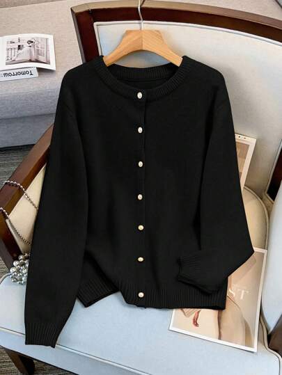 SHEIN LUNE Women Plus Size Crew Neck Single Breasted Casual Elegant Long Sleeve Cardigan Fall Winter Cloth For Women Autumn