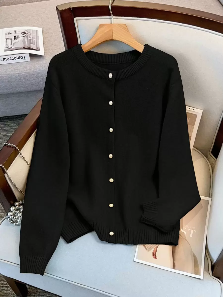 SHEIN LUNE Women Plus Size Crew Neck Single Breasted Casual Elegant Long Sleeve Cardigan Fall Winter Cloth For Women Autumn