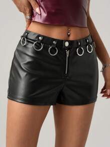 SHEIN ICON Short en PU avec anneau métallique taille basse, bicolore, minimaliste et , convient pour l'été - Noir - Voir 7