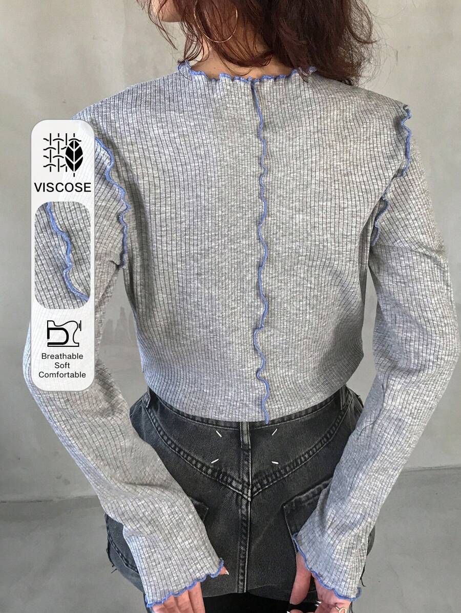 FRIFUL 女式秋季简约罗纹生菜下摆长袖T恤 - 灰色 - 查看 1