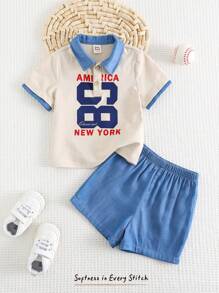 Cozy Pixies 2pcs/Set Baby Boy Contrast Color Polo Collar Short Sleeve Top And Elastic Waist Shorts