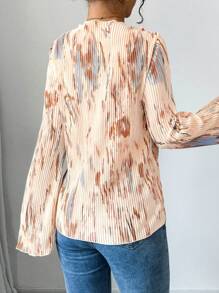 Calvaya Women's Spring Autumn Pleated Tie-Dye Fabric Front Tie Fashion Blouse Women Shirt,Long Sleeve Tops